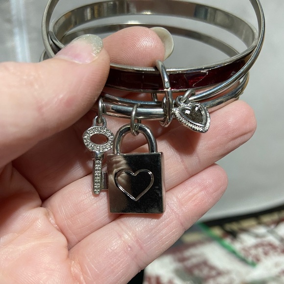 Triple Connected Bangle Set With Lock, Key and Heart Charms - Picture 2 of 3